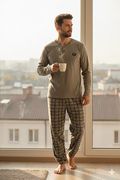 Sude HOMEWEAR Set de pijamale cu mâneci lungi în carouri pentru bărbați