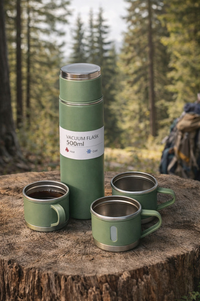 TERMOS 3 Bardaklı Yeşil – Sıcak ve Soğuk İçin İdeal