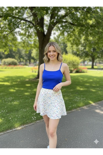 LADY HAZAL Mavi Crop Top Darkalıp Fitilli Askılı Kare Yaka Bustiyer