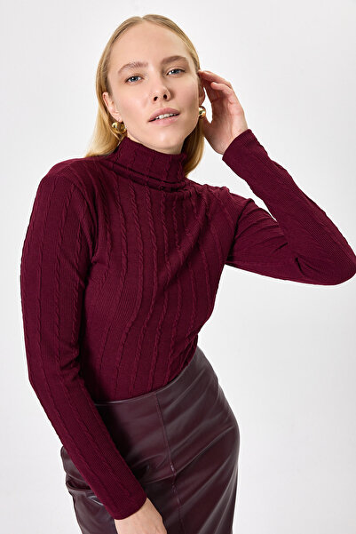 Rays Γυναικεία μπλούζα μπορντό δαντελωτή πλέξη με πλεκτό σχέδιο ψηλός λαιμός ...