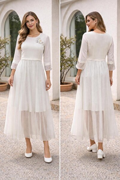 codemark Eteği simli tül garnili turvakar kol Uzun Elbise