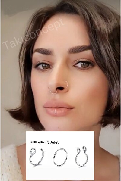 TakıConcept 3 Adet Çelik Deliksiz Piercing Hızma Burun Dudak Septum