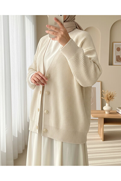 Modamorfo Cardigan casual din tricot cu nasturi aurii - crem