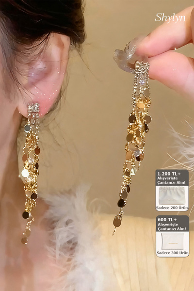 Shylyn 925 Gümüş İğneli Bakır Levha Püsküllü Zirkon Taşlı Küpe