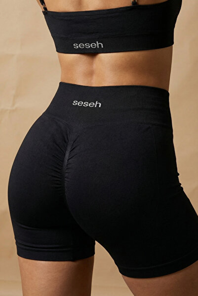 SESEH Siyah Toparlayıcı (Push Up) Yüksek Bel Dikişsiz Seamless Scrunch Biker Spor Şort | Solis