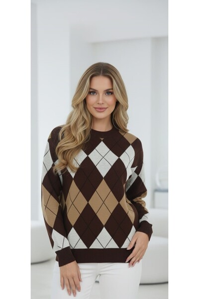 ZARİNCE LİFE Women's Oversize Argyle Patterned Knitwear Sweater
