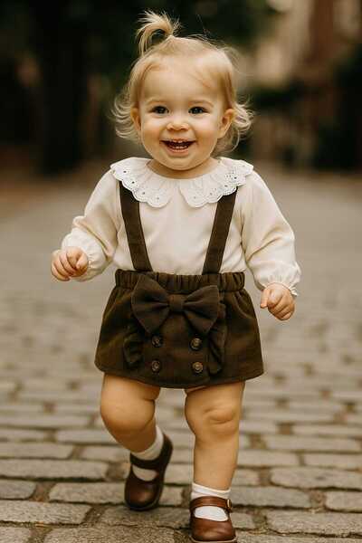 kidsense Fiyonk ve Yaka Güpür Detaylı Kız Bebek Salopet Takım