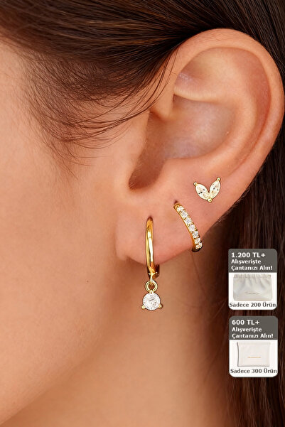Shylyn 18K Altın Kaplama 925 Gümüş İğne Zirkonlu 3'lü Set Küpe (Kelebek+Hoop ...