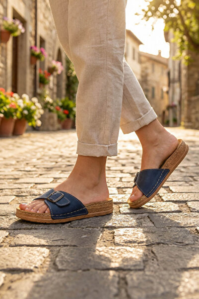 GEZER Kadın Yazlık İç Tabanı Hakiki Deri Tek Toka Ayarlanabilir Rahat Taban Günlük Terlik