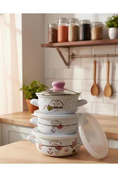 EmayeBurada Emaye Pişir Sakla Tencere Seti 9 Parça