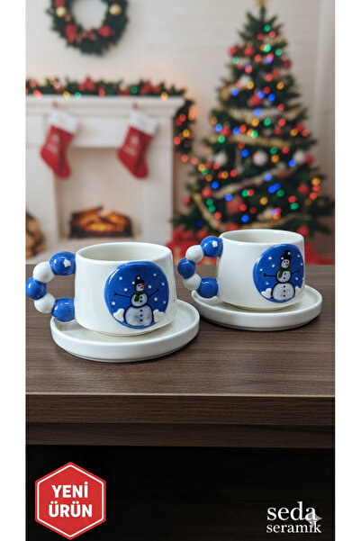 seda seramik El Yapımı Kardan Adam Yılbaşı Temalı Duble 2 Parçalı 2 Kişilik Seramik Kahve Fincanı Takımı 200 Ml.