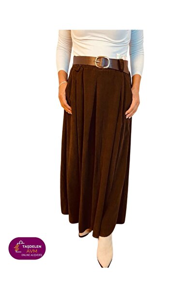 TAŞDELEN AVM İtalyan Pileli Uzun Kadife etek kemer detaylı İtalyan tasarım