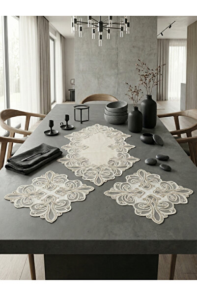 Valora Concept Dantela franceză Venus Model Linen Gardenia Luxury 3 piese Runner Sufragerie Husă pentru masă de cafea