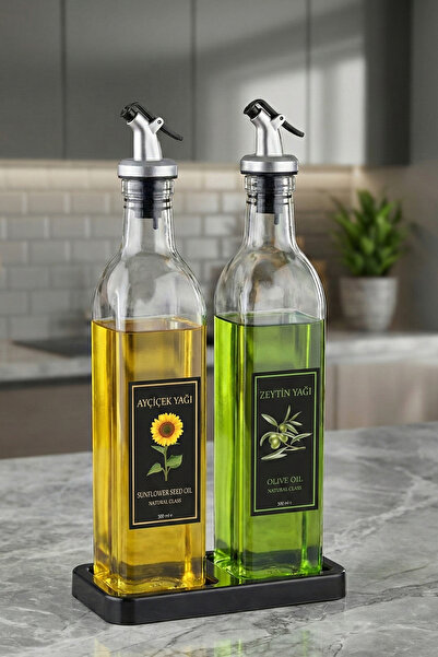 Serin Bardak وعاء زيت زجاجي مربع لوكس مع حامل أسود 2 عبوة 500 مل