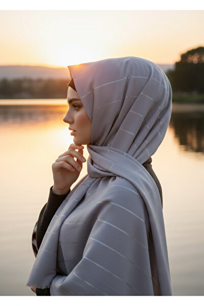 Modakaşmir Moda Kaşmir Çizgi Simli Koyu Gri Şal
