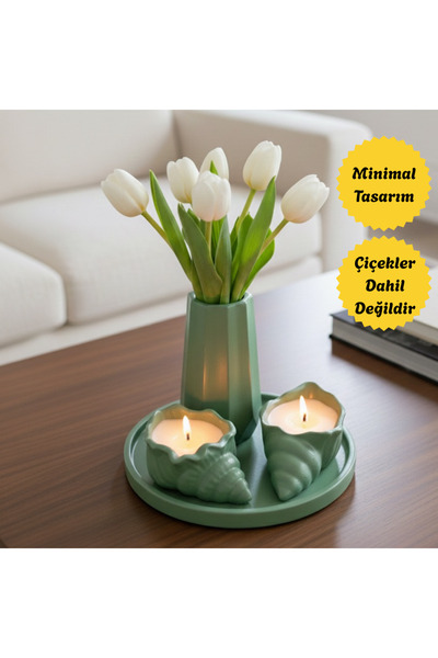 Nigistore 4 Parça Yeşil Set - Istiridye Mumlu, Vazolu, Yuvarlak Tepsili (ÇİÇEK DAHİL DEĞİLDİR)