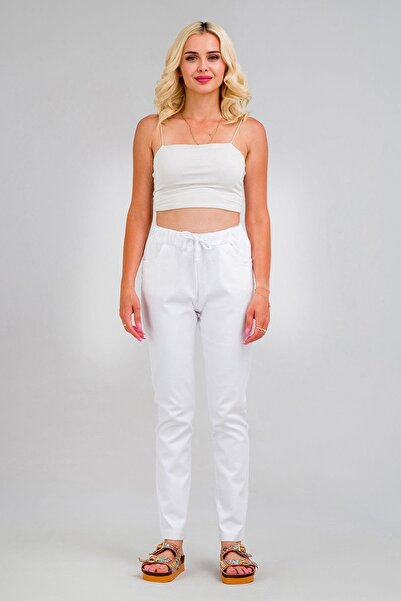 Bold & Young بنطلون نسائي من القماش بحزام مطاطي عند الخصر Power قماش قابل للتمدد باللون الأبيض