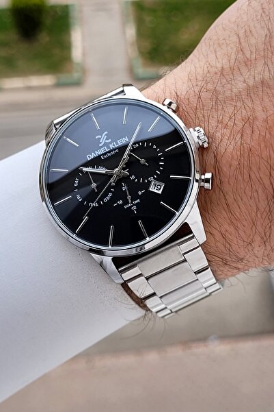 Daniel Klein Men's Wristwatch with Dial Black Band Silver Color Inner Indicators Active Function