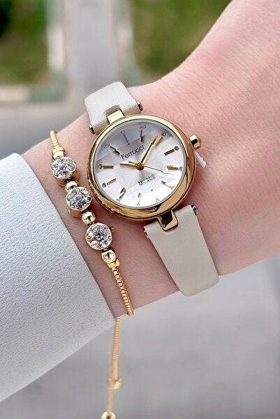 Ferrucci Case Gold Cord Beige Color 25 mm Women's Wristwatch and Gift Bracelet