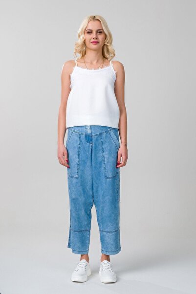 Bold & Young بنطلون جينز نسائي من قماش الليوسيل الرقيق مع جيوب وساق واسعة وخصر مطاطي بلون النيلي الفاتح