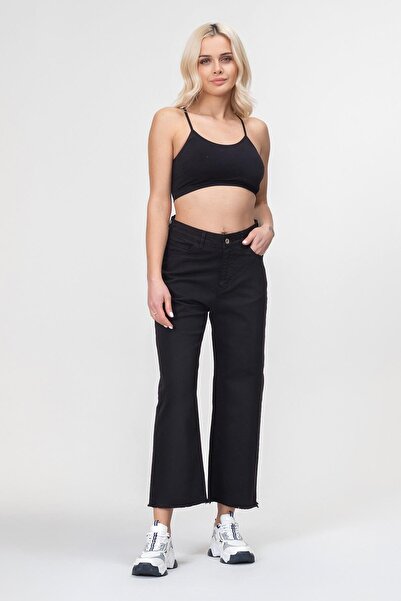 Bold & Young بنطلون نسائي واسع الساقين بخمسة جيوب وشراشيب قماش قابل للتمدد من القطن باللون الأسود