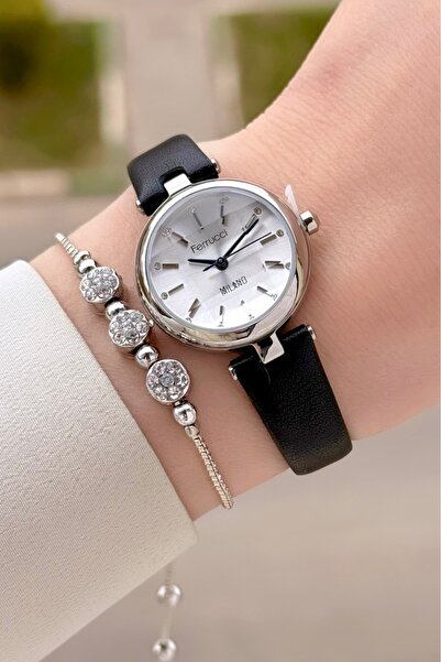 Ferrucci Case Silver Cord Black Color 25 mm Women's Wristwatch and Gift Bracelet