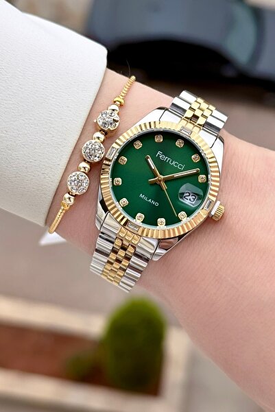 Ferrucci Green Dial Gold Metallic Color Band 2 Years Warranty 32 mm Women's W...