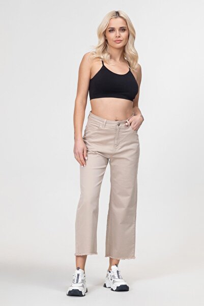 Bold & Young بنطلون نسائي واسع الساقين بخمسة جيوب وشراشيب قماش قابل للتمدد بنطلون قطني بيج