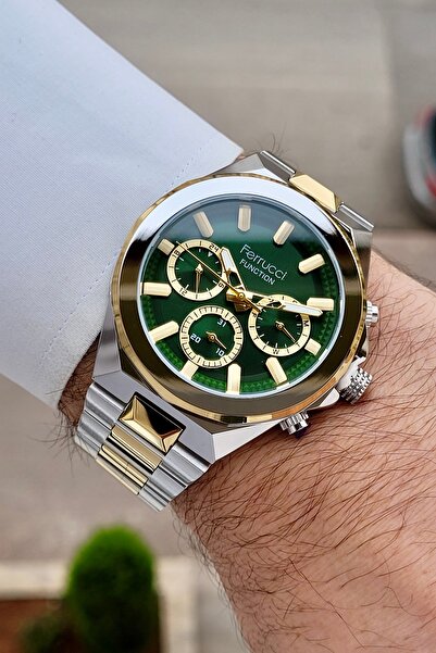 Ferrucci Kadranı Yeşil Kordonu Sarı Silver Renk 24 Ay Garantili 43 Mm Gösterg...