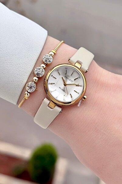 Ferrucci Case Gold Cord Beige Color 2 Years Warranty 25 mm Women's Wristwatch...