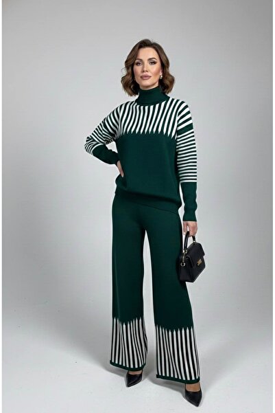 YusGos Women's Arm and Leg Striped Detail Piece Top Bottom Pants Sweater Knitwear Set