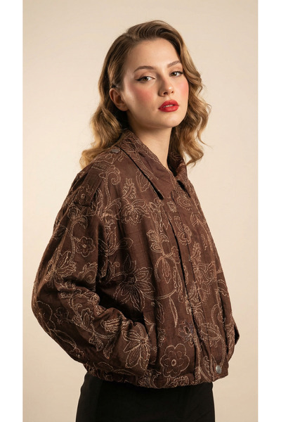 Matcha Butik Women's Brown Patterned Quilted Oversized Coat