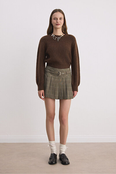 Babushka Fusta scurtă plisată cu centură în carouri