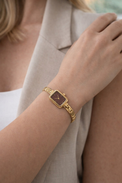 Boris Accessory Kadın Altın Kordon Bordo Kare Kasa Şık Saat