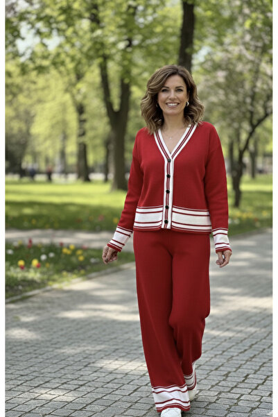 YusGos Women's Striped Buttoned Knitwear Cardigan Pants College Bottom Top Set