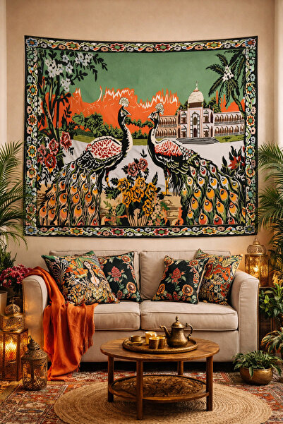 ALAMODECOR Eski Evlere Asılan Duvar Halısı Renkli Tavuz Kuşu Eskitme Nostalji...