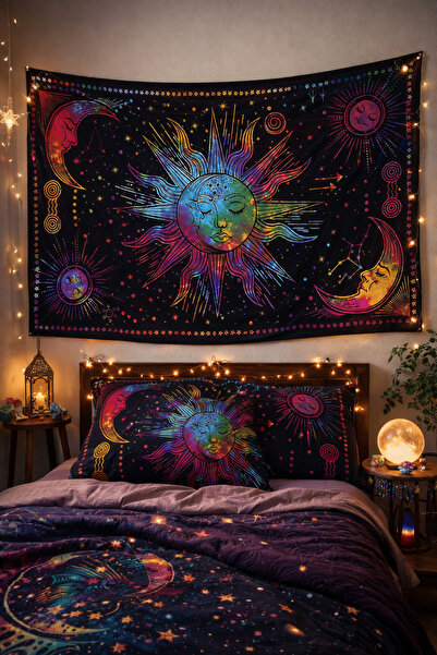 ALAMODECOR Güneş Ve Ay Renkli Mistik Duvar Örtüsü Duvar Halısı Tapestry