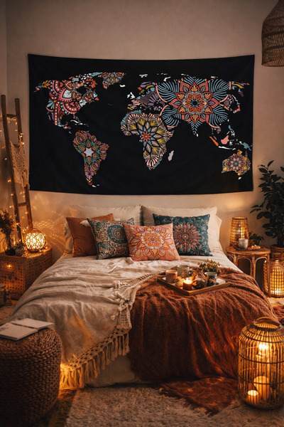 ALAMODECOR Mandala Dünya Haritası Duvar Örtüsü
