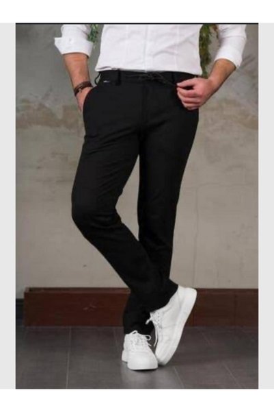 MODA Erkek Önü Kemerli Beli Lastikli Diyogenal Kumaş Jogger Kesim Duble Paça Pantolon