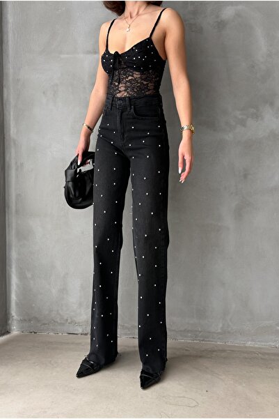 Bluezoni Pantaloni de blugi pentru femei, de culoare neagră, cu piatră strălu...