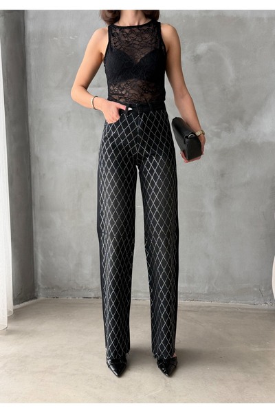 Bluezoni Pantaloni de blugi pentru femei, de culoare neagră, cu piatră strălu...