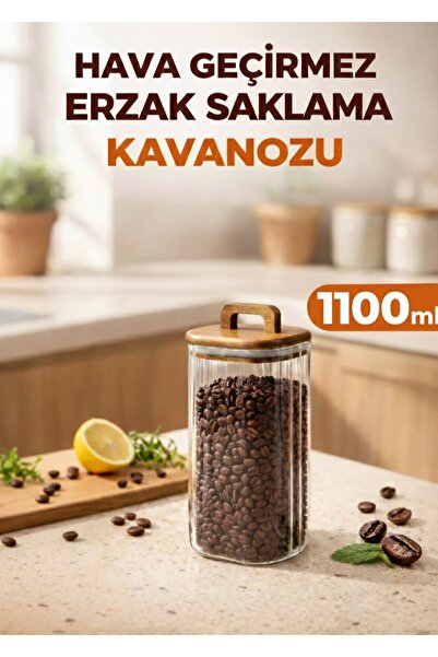 MİEN Akasya Kapaklı Cam Kavanoz 1100 ML – Büyük Boy Kahve & Bakliyat Saklama Kabı – Ahşap Kapaklı Kavanoz
