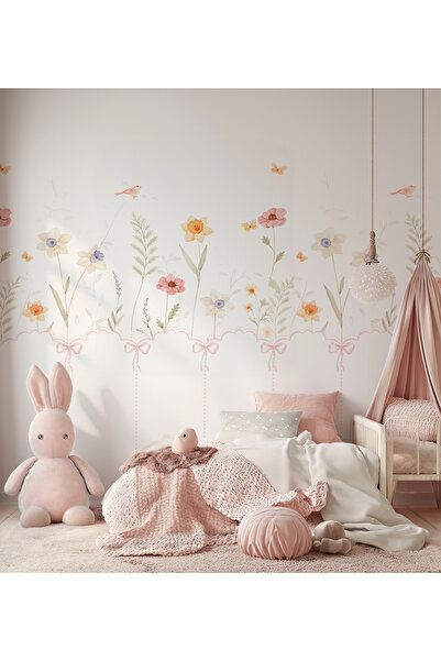 Ayzun Tek Parça Kumaş Tekstil - Pastel Çiçek Bahçesi Temalı Çocuk Odası Duvar...