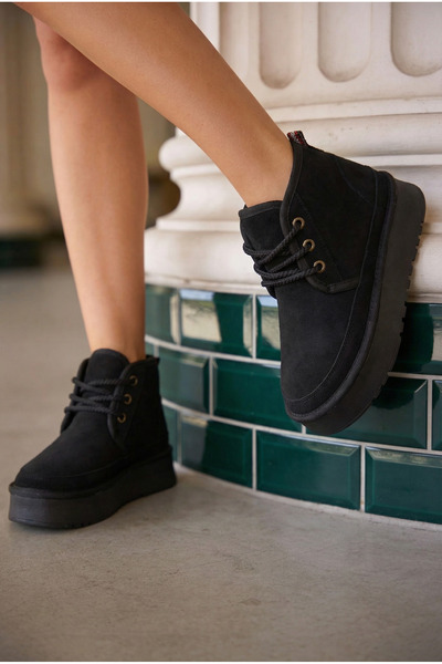 EPTC Γυναικείες μαύρες σουέτ μπότες με χοντρή σόλα με κορδόνια χειμερινές άνετες καθημερινές μπότες