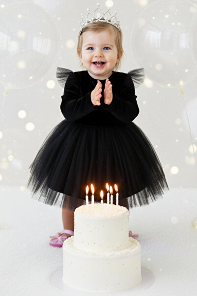 Parla Kids فستان بناتي أسود لؤلؤي بأكمام طويلة من التول المخملي لحفلات الزفاف...