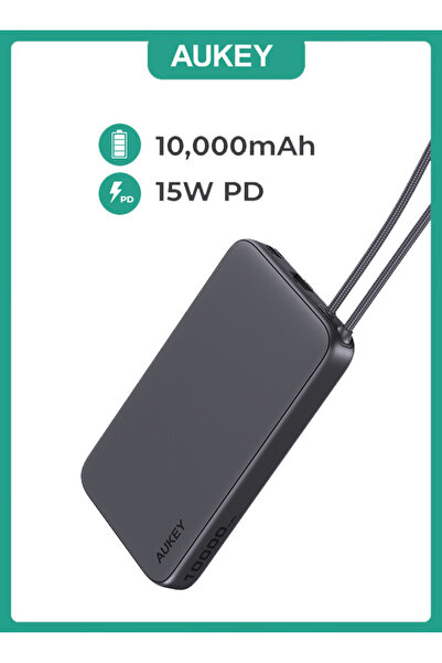AUKEY باور بانك خفيف الوزن بسعة 10000 مللي أمبير/ساعة، 15 واط PD، شحن سريع، مع كابل USB-C مدمج، رمادي.