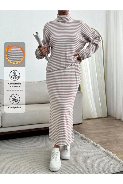 NEWCO High-Necked Striped Oversized Skirt & Sweat Double Knitwear Set