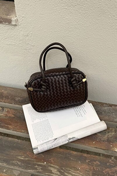 Melos Butik Women's Bitter Brown Leather Knot Detailed Hand and Shoulder Bag