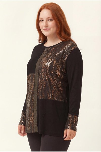 Ebsumu Women's Plus Size Black Blouse with Stone and Leather Print Detail