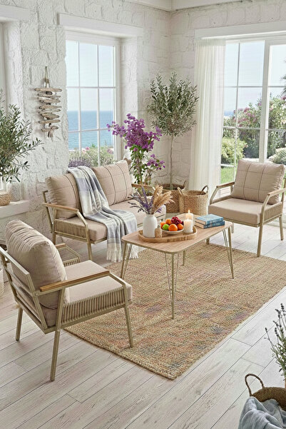 UFUK HOME Daisy Makrome Örgülü 211 Masalı Cappuccino Balkon & Bahçe Mobilyası Seti Balkon Takımı